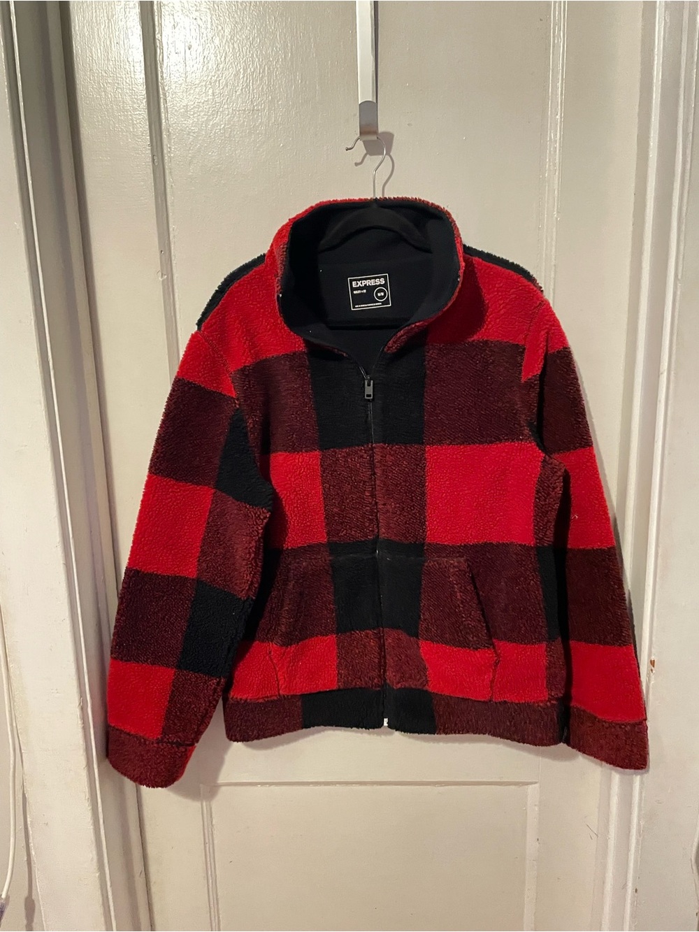Express Men’s Red & Black Buffalo Plaid Zip-Up Fleece Jacket
